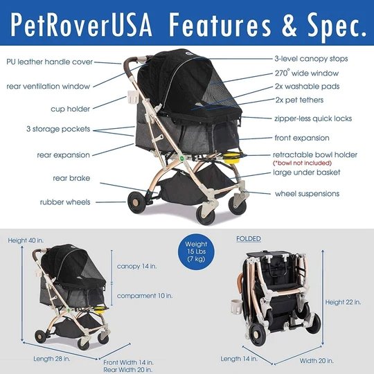 Coche para Mascotas hpztm pet rover lite premium light travel stroller for small/medium dogs, cats and pets (Black) - Pet Fashion