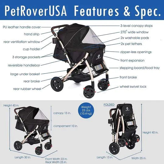 Coche para Mascotas hpztm pet rover xl extra-long premium stroller for small/medium/large dogs, cats and pets (Black) - Pet Fashion